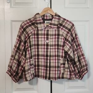 Nori Women's Pink & Brown Plaid Button Front‎ Cropped Puff Sleeve Jacket Size LG